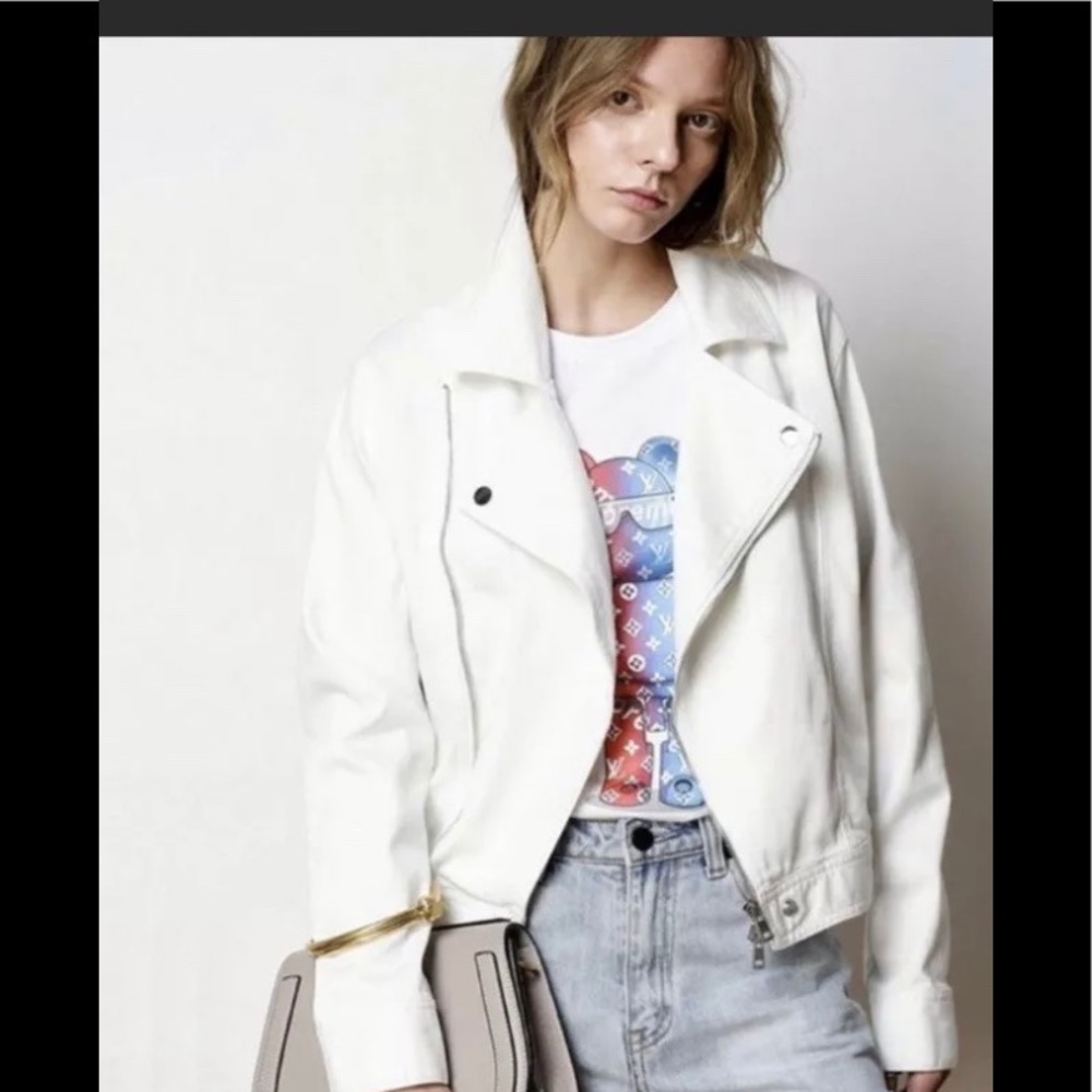 New White Caara denim Moto jacket